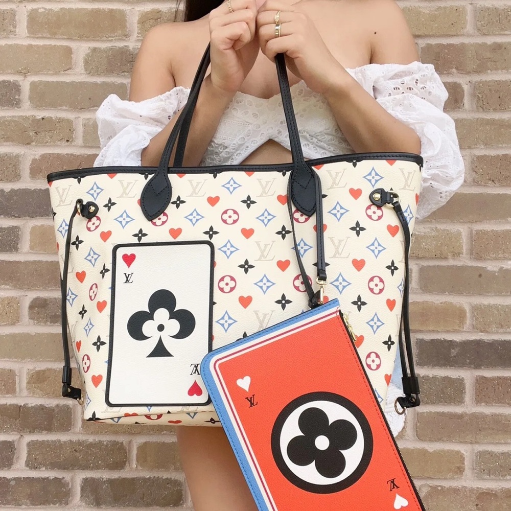 Authentic💕Louis Vuitton Game White Neverfull MM Shoulder Bag Tote + Zip Pouch